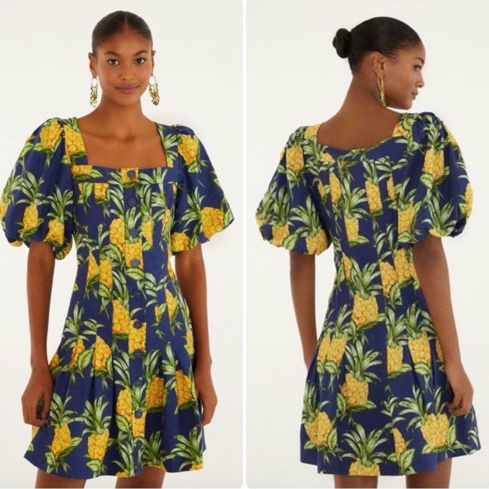 Farm Rio Navy Blue Delicate Pineapple Lenzing Mini Dress Women’s Size Small